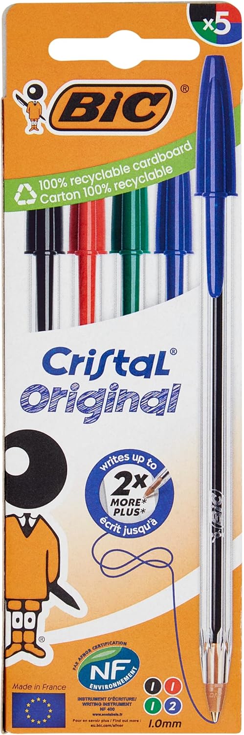  BLISTER 5 BOLIGRAFOS BIC CRISTAL COLORES SURTIDOS 
