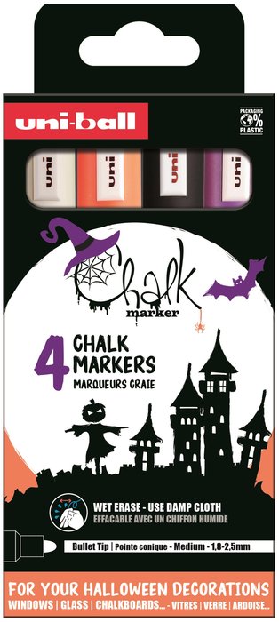 Estuche 4 rotuladores tiza liquida uni-chalk marker Haloween