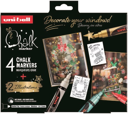 Estuche 4 rotuladores tiza liquida uni-chalk marker colores navidad incluye posters y tutoriales