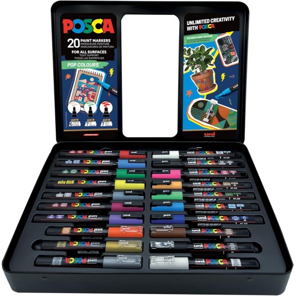 Caja metalica 20 rotuladores uni-posca Pop Colours pc1m-pc3m-pc5m