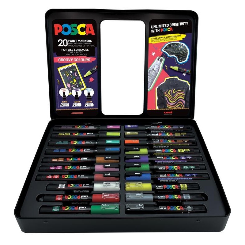 Caja metalica 20 rotuladores uni-posca Groovy Colours pc1m-pc3m-pc5m