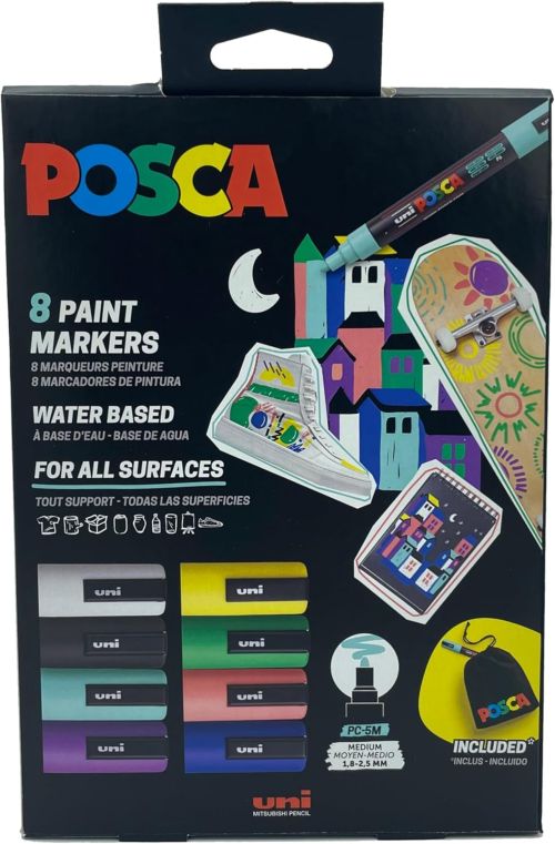 Estuche 8 rotuladores uni-posca pm5 + bolsa de tela posca de regalo