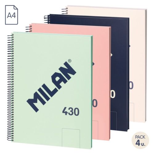 Paq/4 Cuaderno espiral a4 80h 95g. microperforado liso serie 1918 colores surtidos