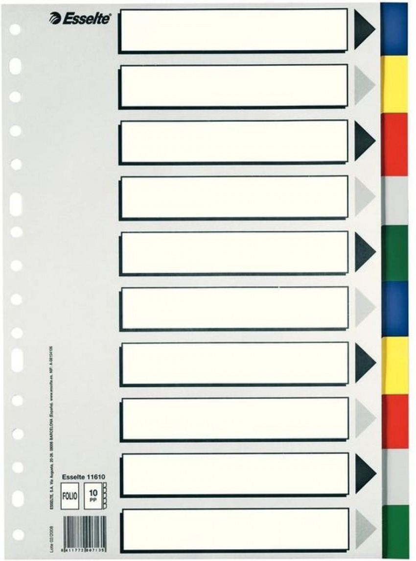 Bolsa separadores fo. multitaladro con 10 pestañas de colores pvc esselte 8411772007135
