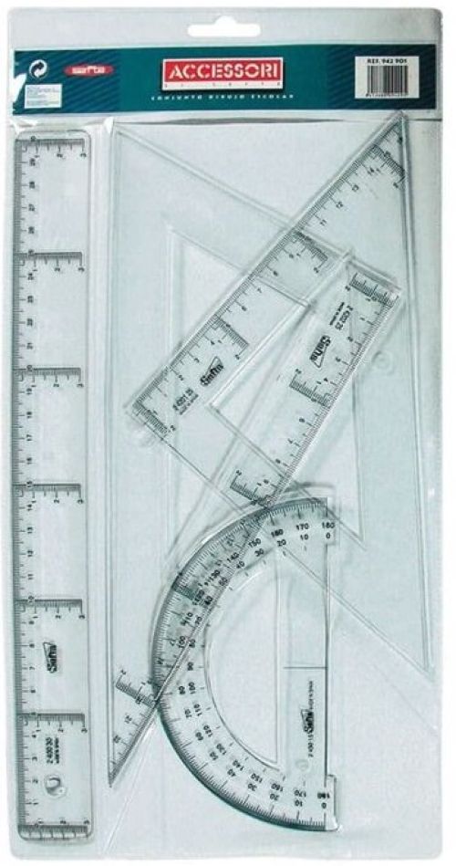 Conjunto dibujo escolar transparente Safta, regla 30 cm, escuadra y cartabón 25 cm, semicirculo 15 cm.