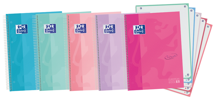  Paq/5 cuaderno espiral europeanbook5 a4+ 120h 90g. cuadrícula 5x5 microperforado touch colores pastel tapa extradura 
