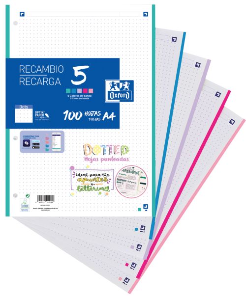 Recambio 5 multicolor a4 100h 90g 4 taladros dots con 5 colores de banda pastel