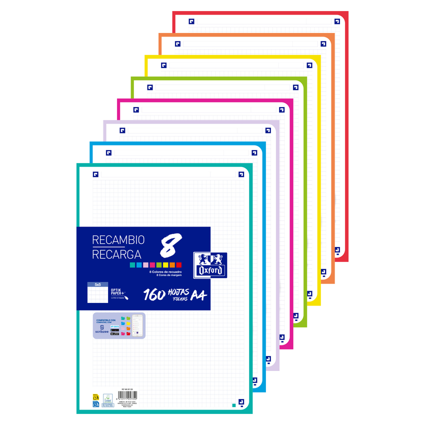  Recambio multicolor 8 xl a4 160h 90g. 4 taladros cuadrícula 5x5 con 8 colores de banda 