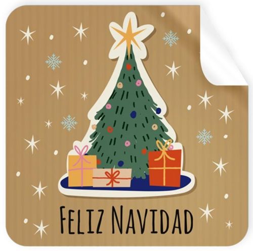 ROLLO 250 ETIQUETAS CUADRADA ARBOL FELIZ NAVIDAD