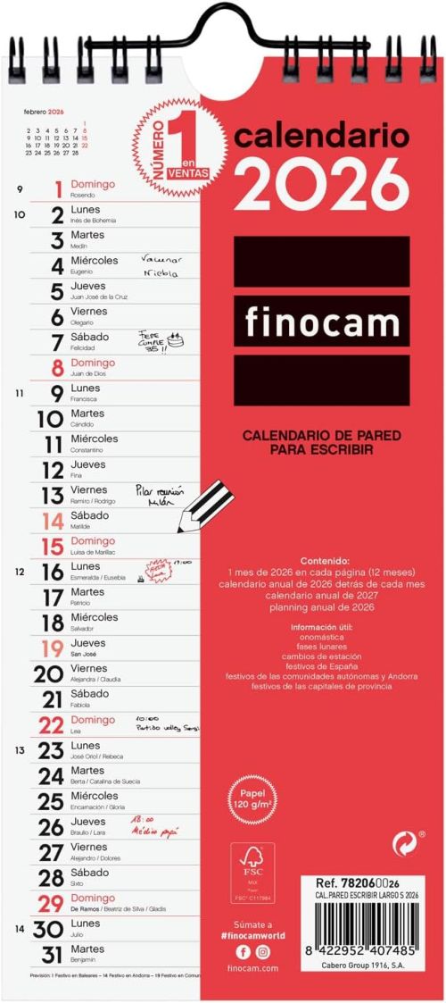  CALENDARIO PARED 2026 ESCRIBIR LARGO 