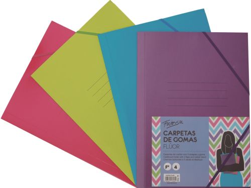 PAQ/4 CARPETA CARTON Fº GOMAS Y SOLAPAS FLUOR SURTIDOS