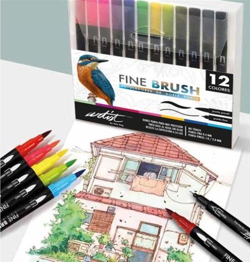  Estuche 12 rotuladores fine brush doble punta colores surtidos 
