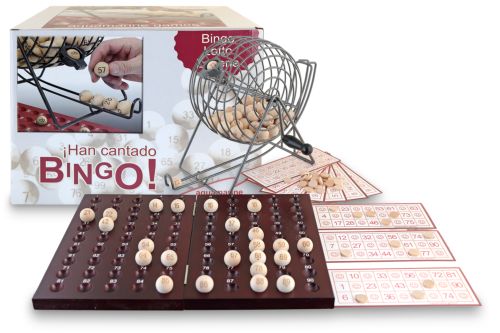 Loteria bingo madera y métal, contiene 90 bolas tablero para colocar las bolas y cartones.