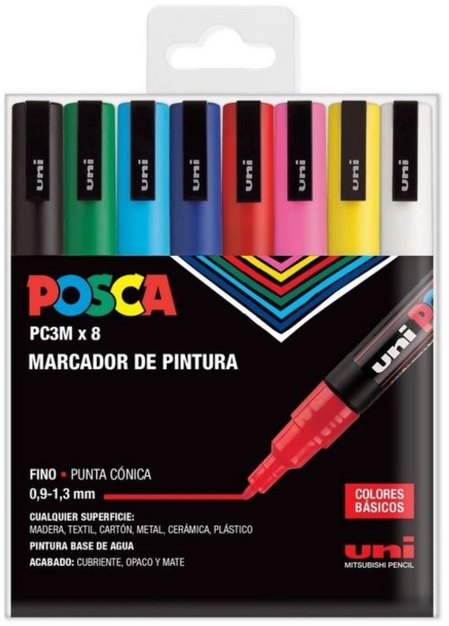 Estuche 8 rotuladores posca PC3MR uni-ball colores basicos