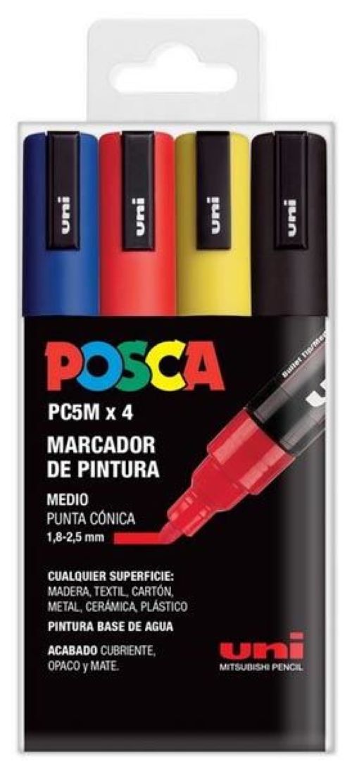 Estuche 4 rotuladores posca m5 uni-ball colores básicos