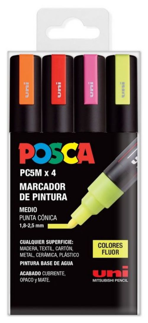 Estuche 4 rotuladores posca pc5m uni-ball colores fluor