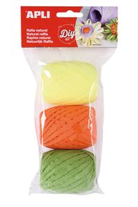 Blister 3 ovillos rafia natural tonos fluorescentes amarillo, naranja y verde 30m