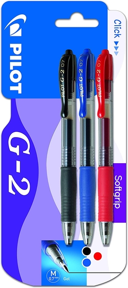 BLISTER 3 BOLIGRAFOS PILOT G-2 NEGRO/AZUL/ROJO 0,7MM
