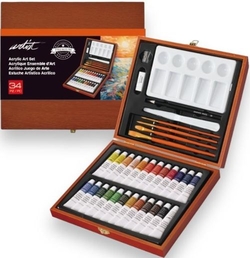 CAIXA MADEIRA 35 TUBOS PINTURA ACRILICA 12ML ARTIST CORES